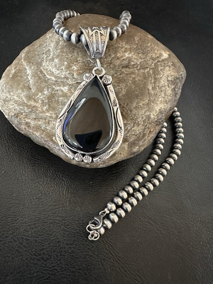 Black Onyx Pendant Navajo Pearls Sterling Silver Necklace 19386