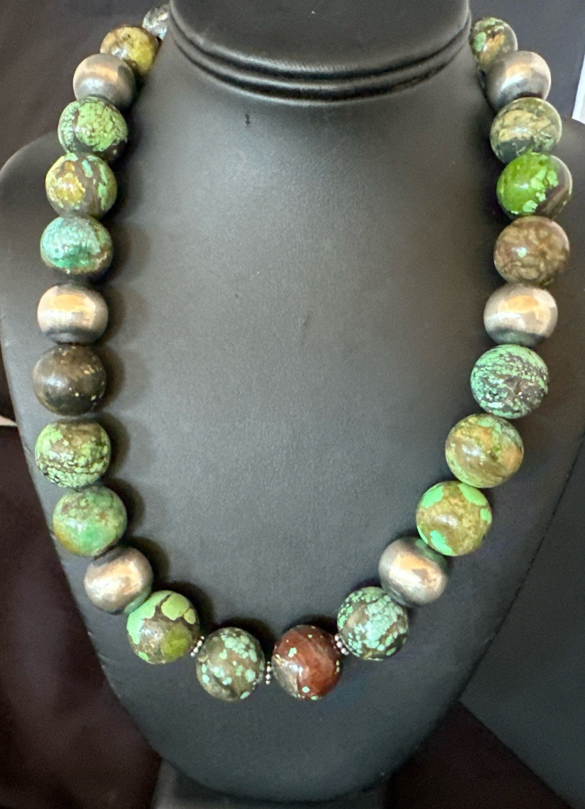 18mm Green Turquoise Round Navajo Pearls Sterling Silver Necklace 21" 19145