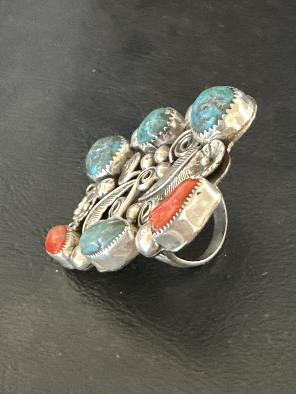 Navajo Blue Turquoise Coral Ring Multi-Stone Cluster Sz 10.5 19779