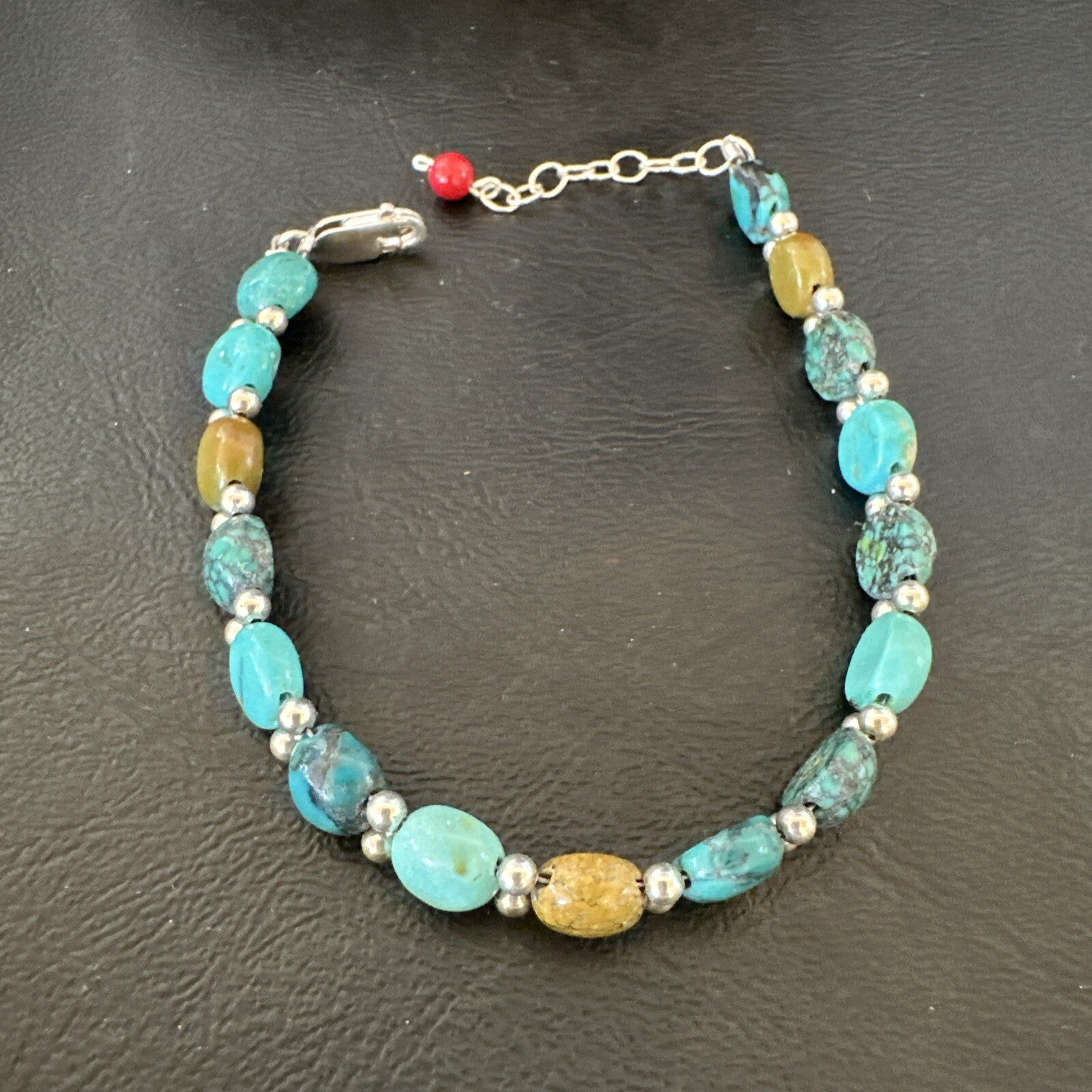 Womens Blue Turquoise Bead Southwestern Sterling Silver Link Bracelet 8" 17236A