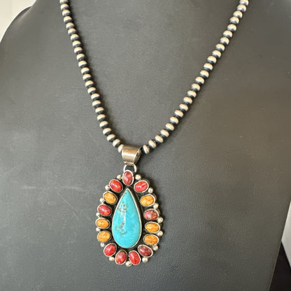 Multicolor Turquoise Spiny Navajo Sterling Silver Cluster Pendant Necklace 19560