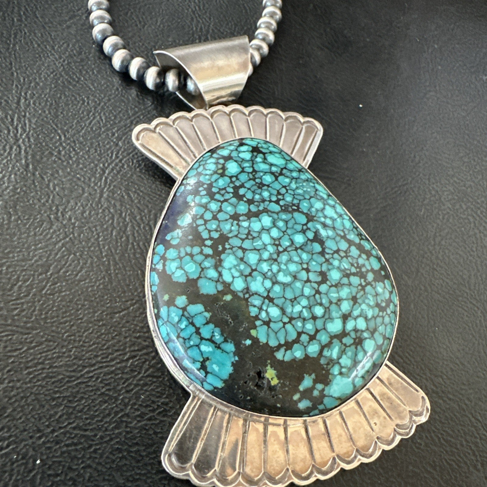 WoMens Blue Spiderweb Turquoise Pendant Navajo Sterling Silver Necklace 19299