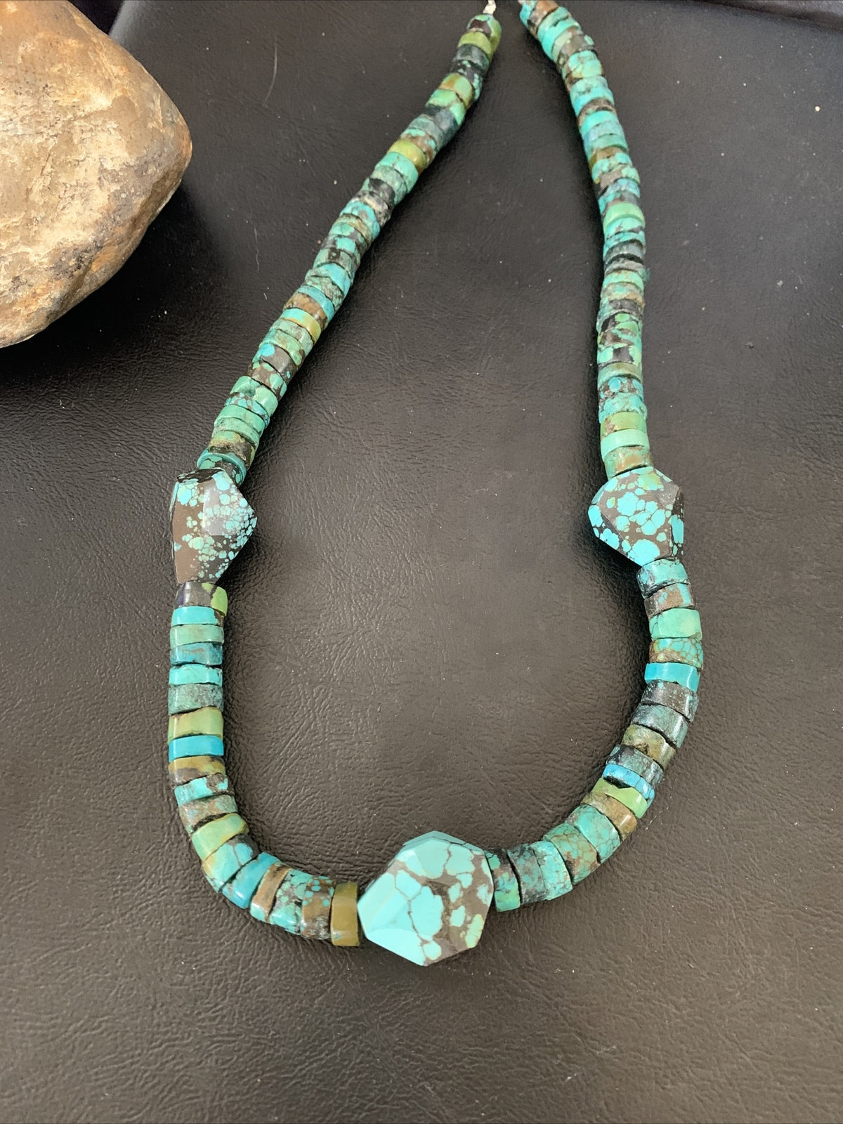 Men Chunky Spiderweb Turquoise Heishi Navajo Sterling Silver Necklace 21” 124506