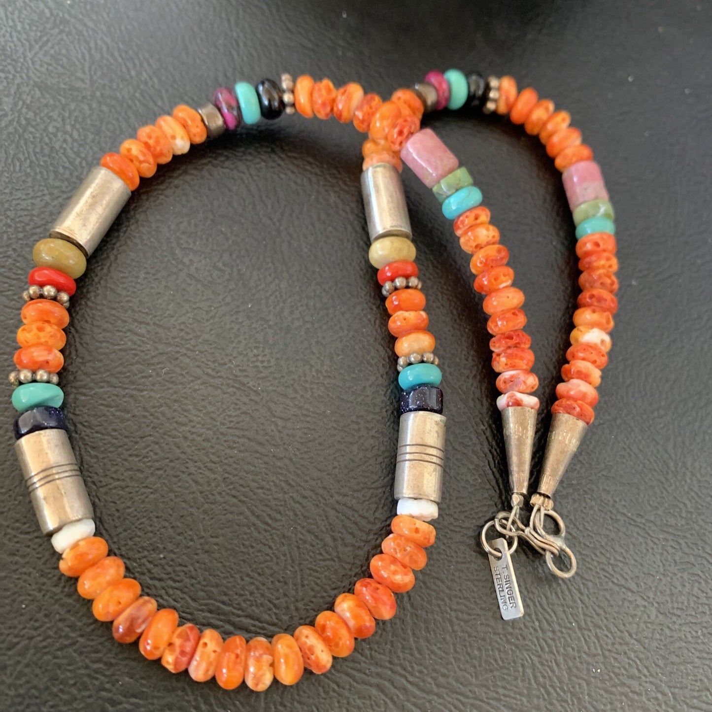 Turquoise Spiny Oyster & Coral Beads Sterling Silver Gold Necklace 10393
