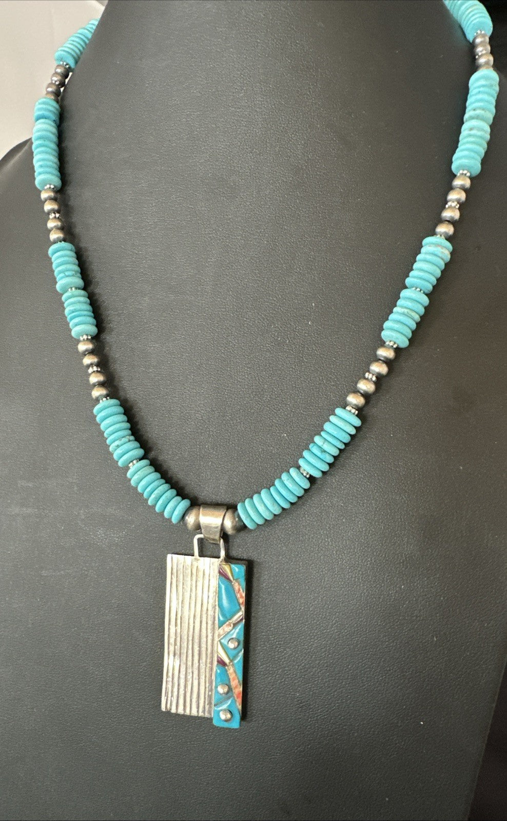 Blue Turquoise Inlay Pendant Navajo Sterling Silver Necklace 20" 19711