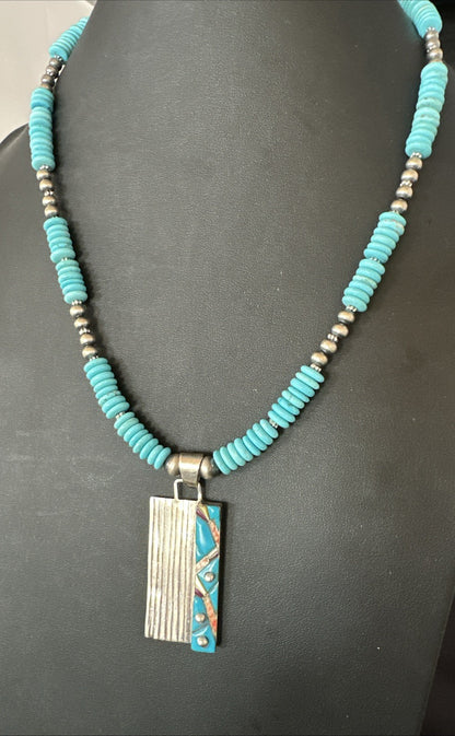 Blue Turquoise Inlay Pendant Navajo Sterling Silver Necklace 20" 19711
