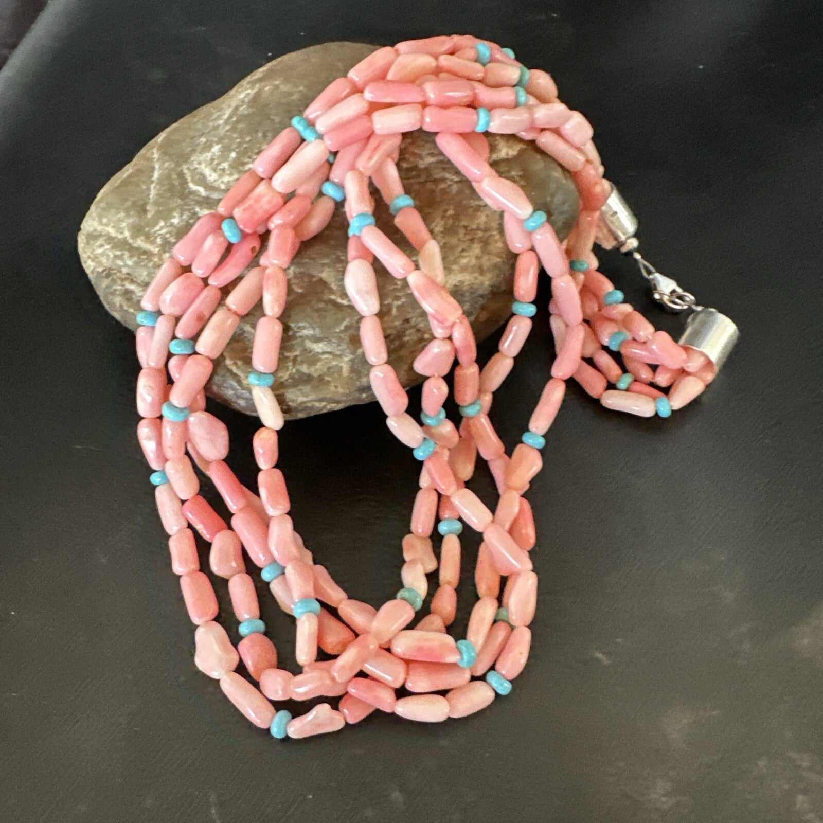 Navajo Blue Turquoise Pink Coral Sterling Silver 5 Strand Necklace 20” 17840