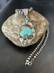 Men's Blue Turquoise#8 Pendant Navajo Necklace | Sterling Silver | Authentic Native American Handmade | 18071