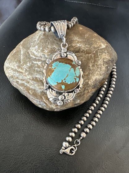 Mens Blue Turquoise#8 Pendant Navajo Sterling Silver Necklace 18071
