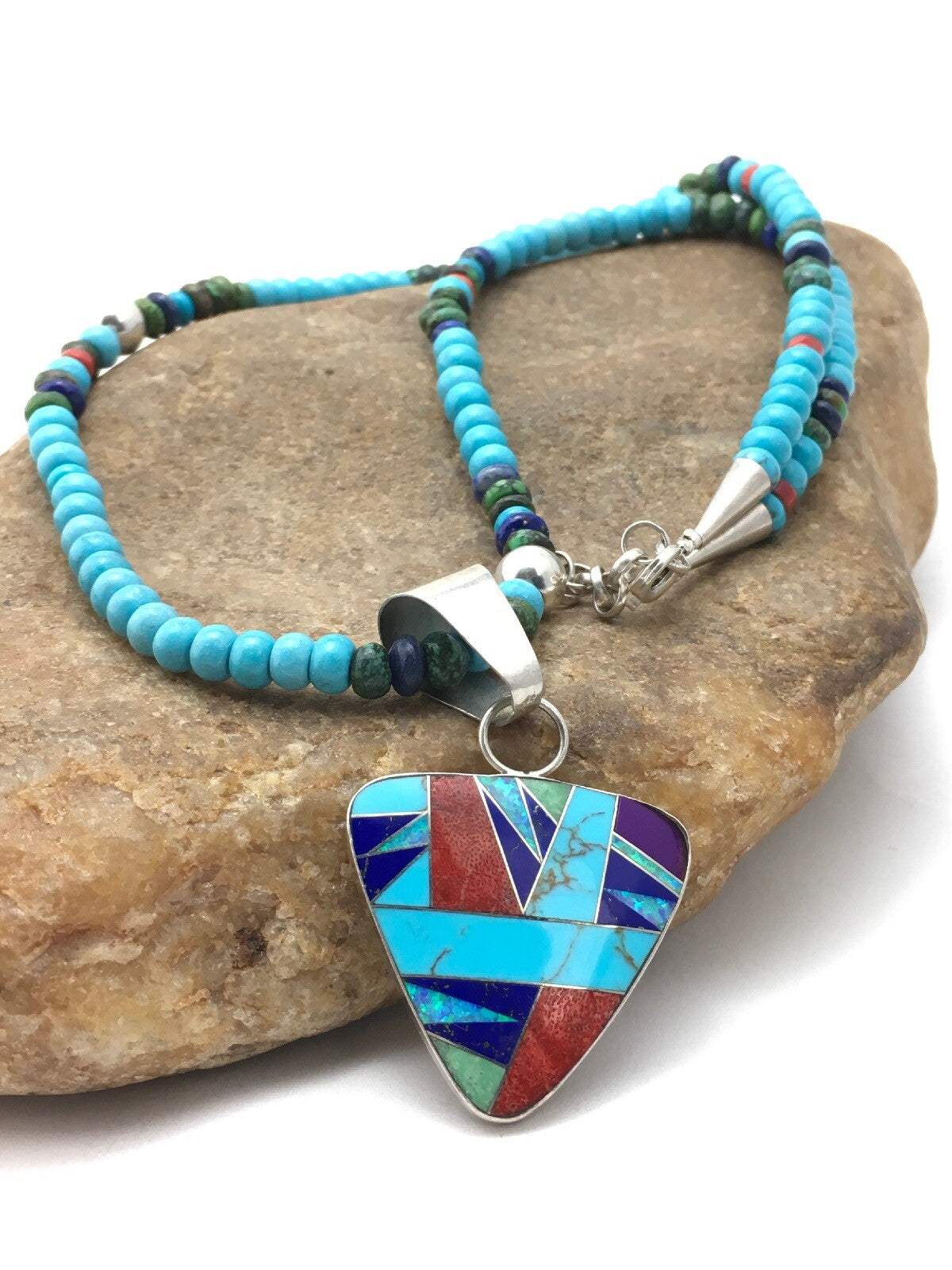 Blue Turquoise Pendant Navajo Sterling Silver Necklace 21" 4277
