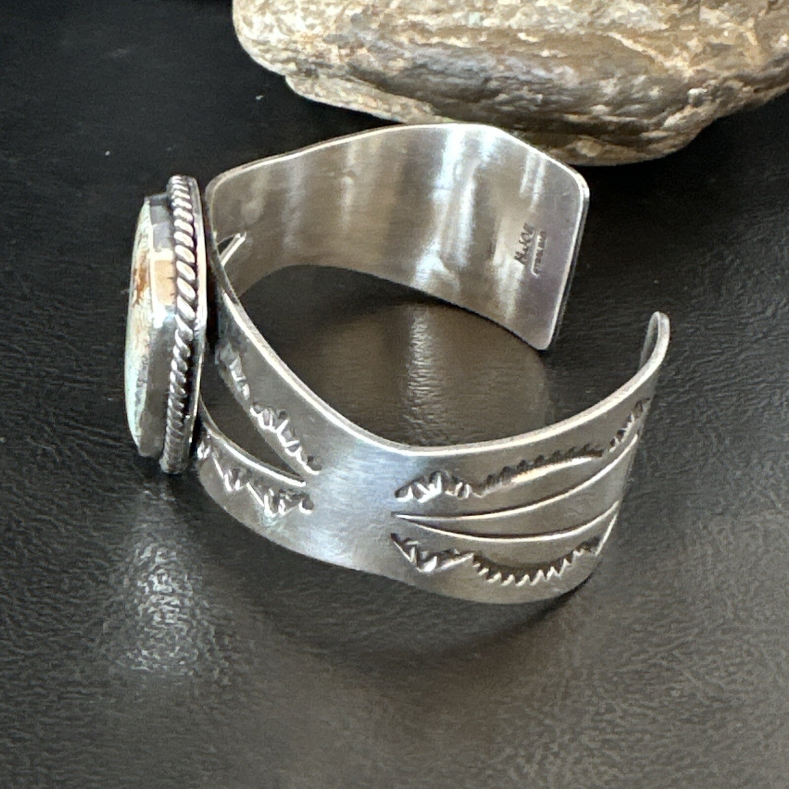 Navajo Green Royston TURQUOISE Stamped Sterling Silver Cuff Bracelet 18874