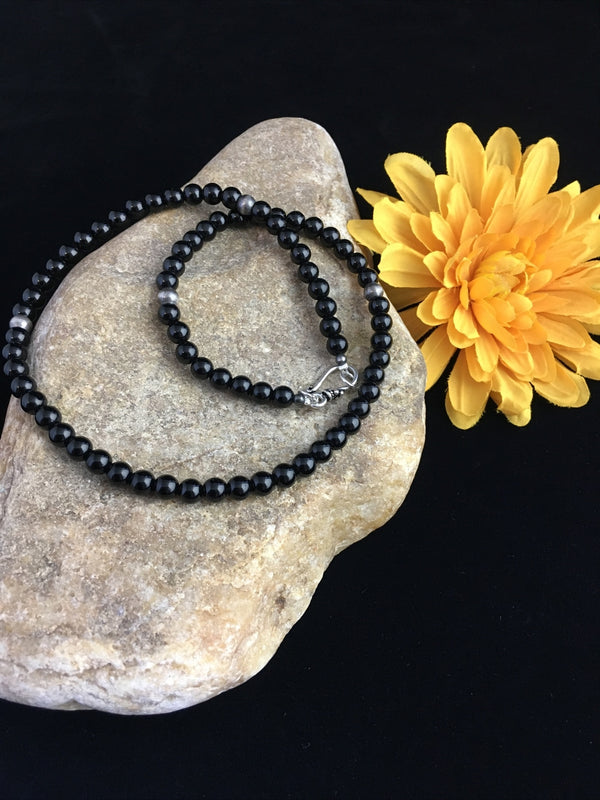 Black Onyx Navajo Necklace 18" | Sterling Silver | Authentic Native American Handmade | 10026