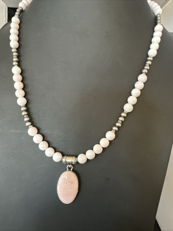 Southwestern Pink Queen Conch Bead Necklace Pendant 20" | Sterling Silver | Authentic Native American Handmade | 19581