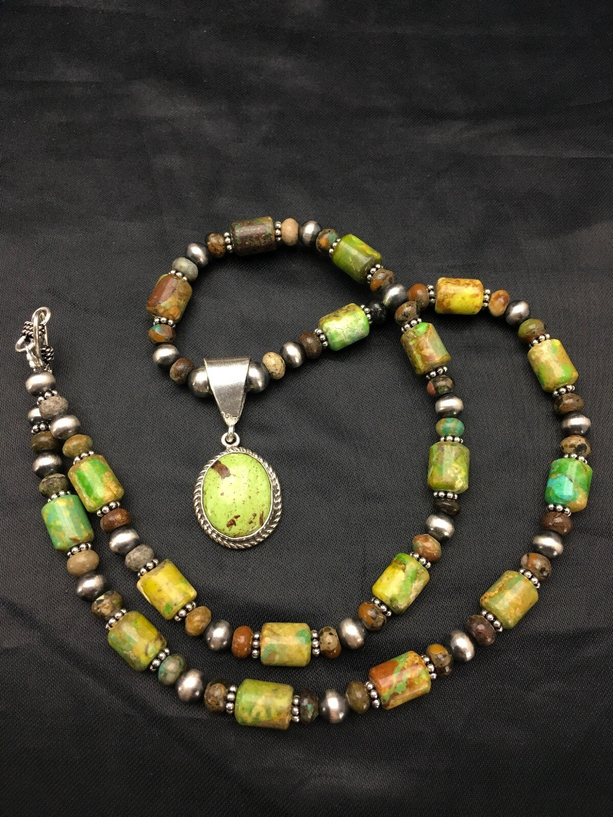 Green Gaspeite Pendant Turquoise Navajo Sterling Silver Necklace 22" 2818