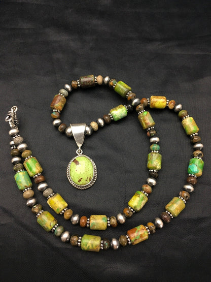 Green Gaspeite Pendant Turquoise Navajo Sterling Silver Necklace 22" 2818