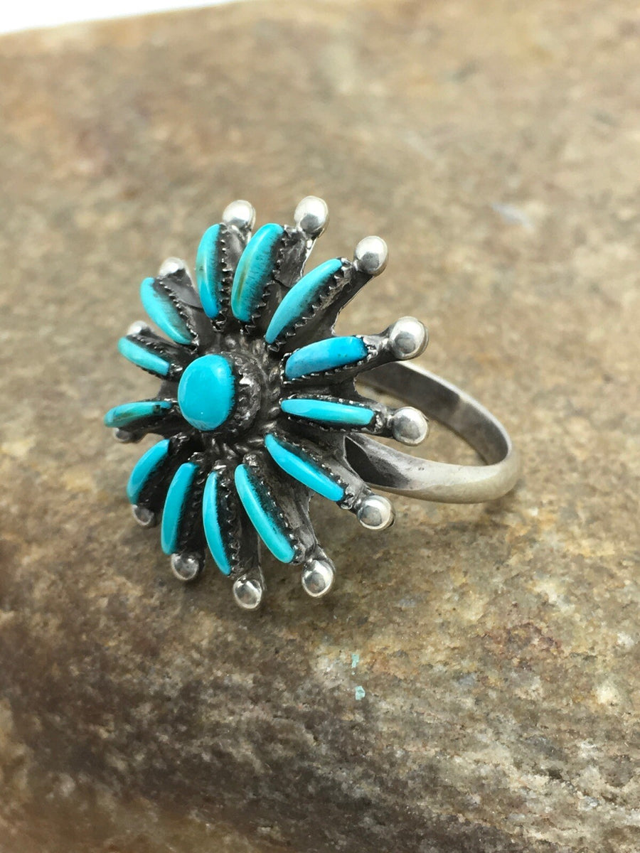 Blue Turquoise Needle Point Cluster Zuni Sterling Silver Ring Sz 7.25 4035