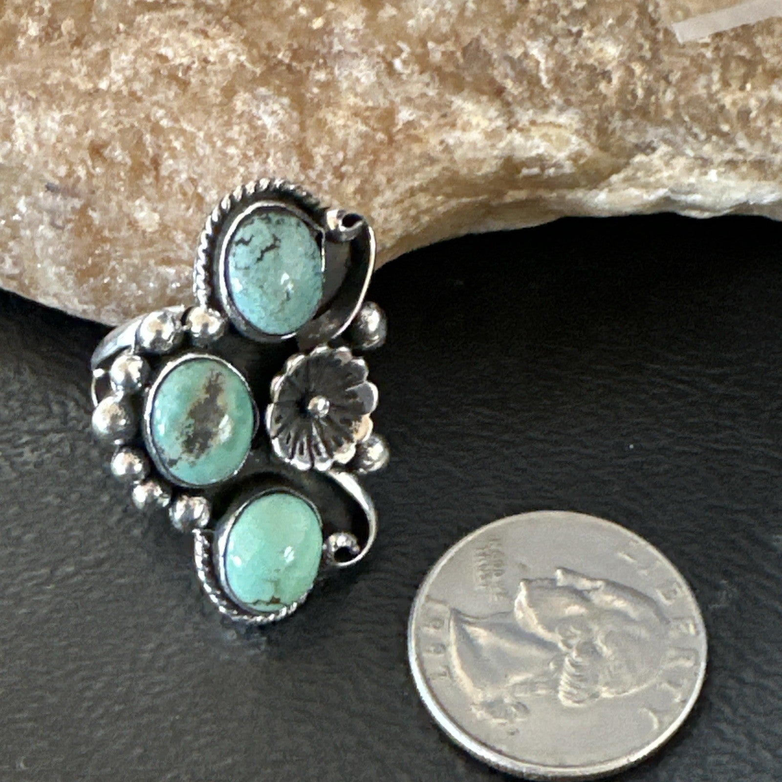 Yazzie Ring Green Turquoise Navajo Sterling Silver Cluster Size 8.5 19215