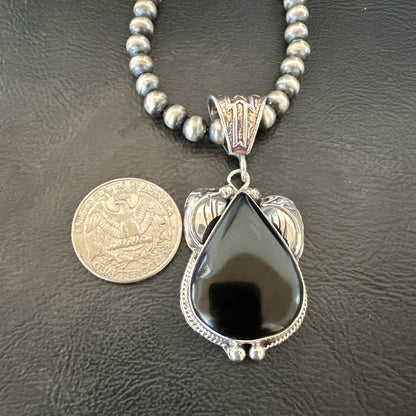 Mens Womens Black Onyx Pendant Navajo Sterling Silver Beads Necklace 18351