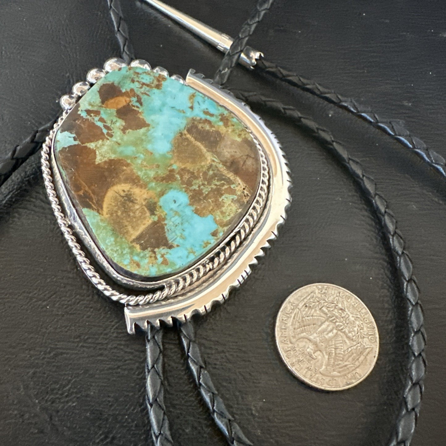 Native Mens Blue Green Royston Turquoise Bolo Tie Sterling Silver Navajo 19752