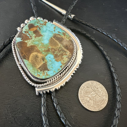 Native Mens Blue Green Royston Turquoise Bolo Tie Sterling Silver Navajo 19752