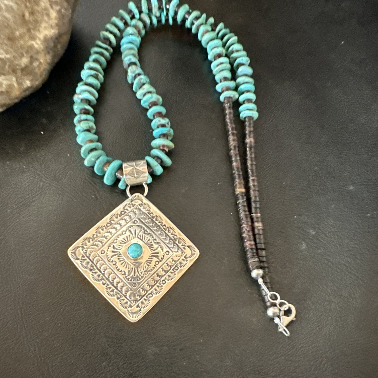 Navajo Blue Turquoise Stamped Pendant Shell Sterling Silver 25” Necklace 19707