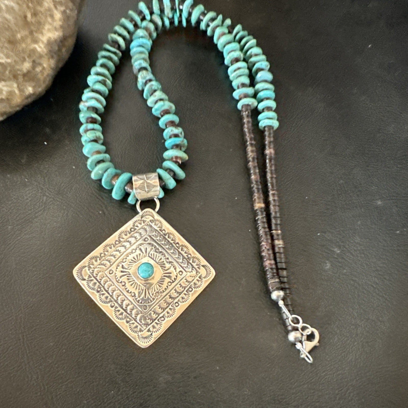 Navajo Blue Turquoise Stamped Pendant Shell Sterling Silver 25” Necklace 19707