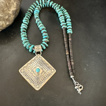 Navajo Blue Turquoise Stamped Pendant Shell Sterling Silver 25” Necklace 19707