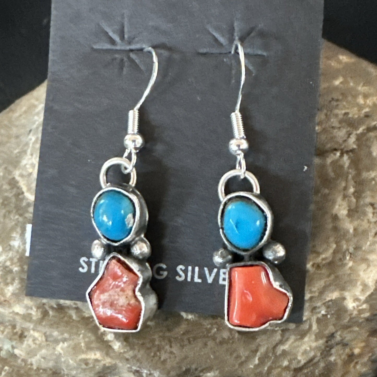 Handmade Blue Turquoise Red Coral Sterling Silver Navajo Dangle Earrings 18839
