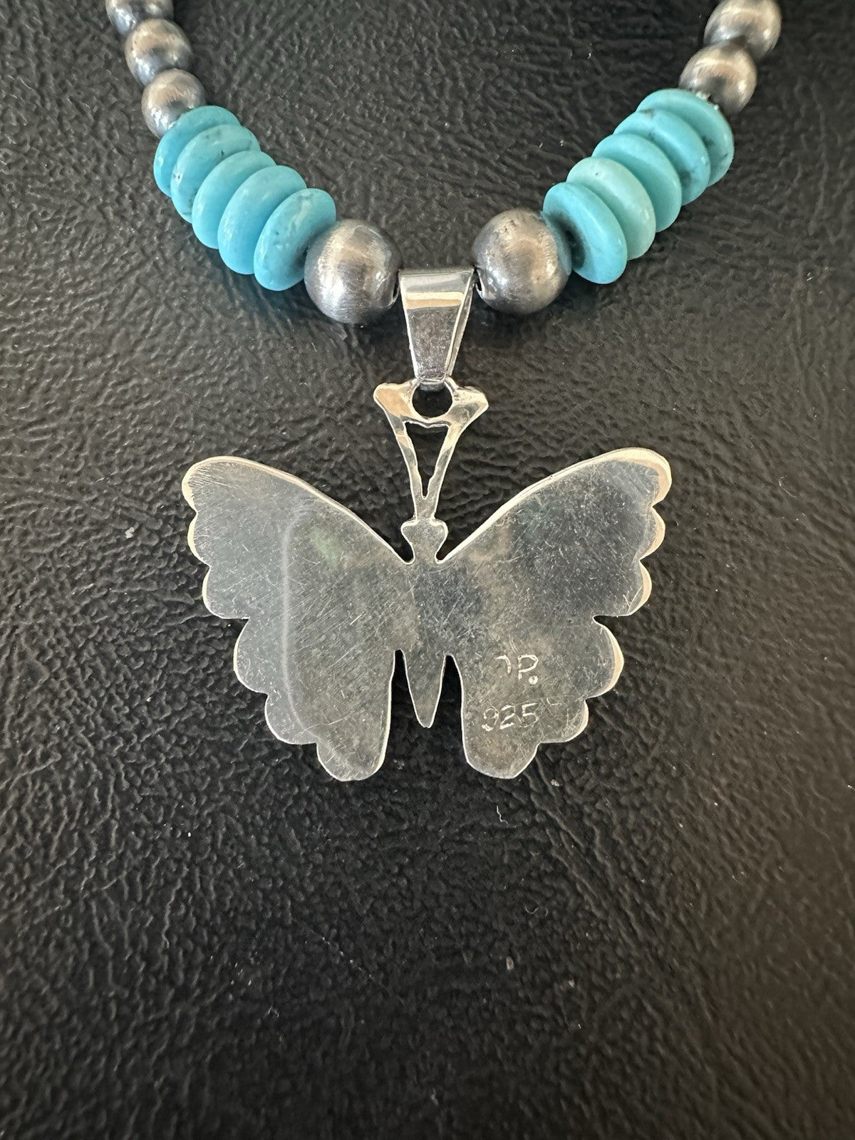 Butterfly Blue Turquoise Opal Pendant Navajo Sterling Silver Necklace 19511