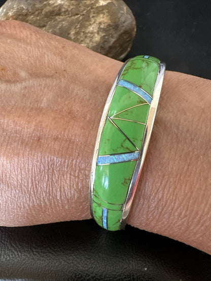 Womens Green Gaspeite Inlay Cuff Bracelet 7.05” Sterling Silver 19153