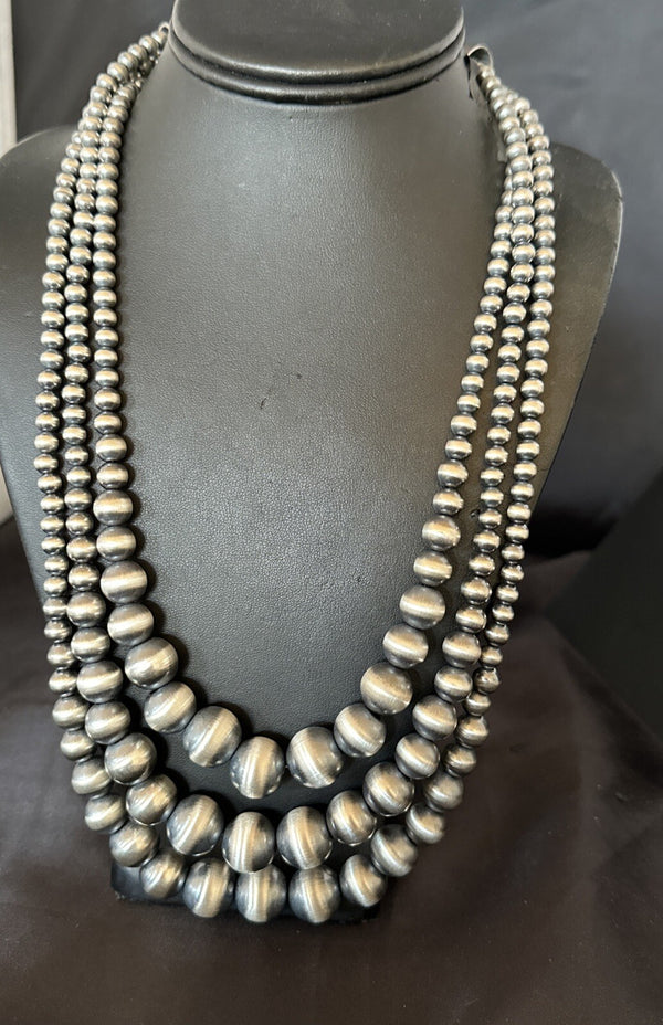 Mixed Bead Graduated Bib Navajo Pearls Necklace 24"3S | Sterling Silver | Authentic Native American Handmade | 18239