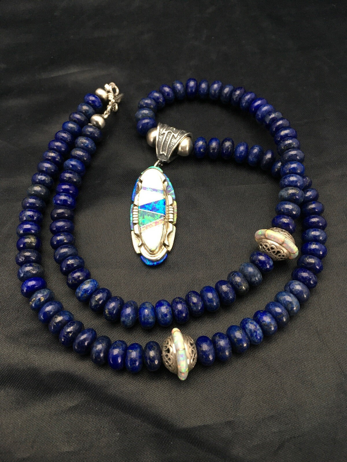 Opal Pendant Lapis Navajo Sterling Silver Necklace 02606