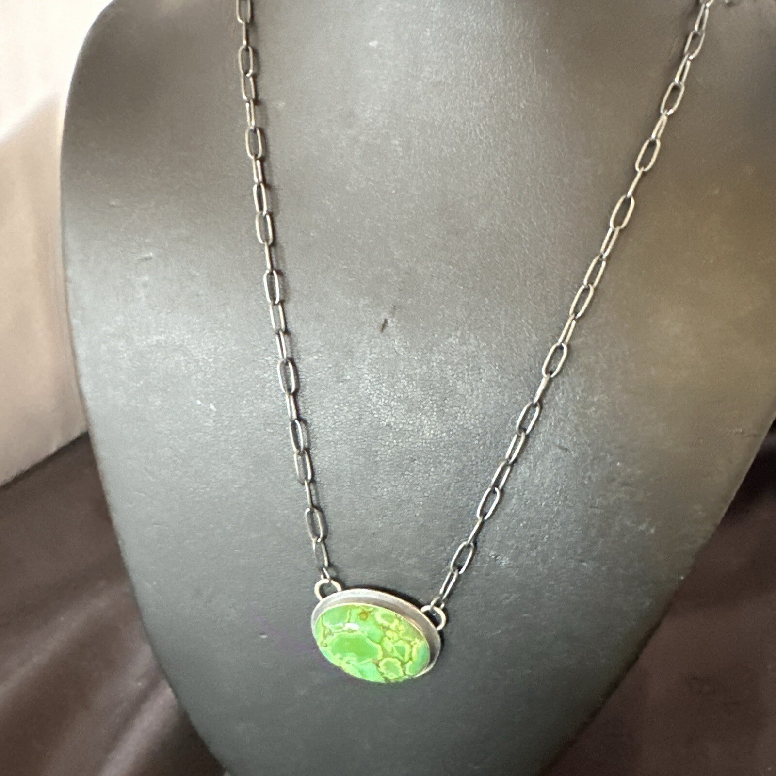 Navajo Sterling Silver Chain Green Turquoise Necklace Pendant 20" 11839