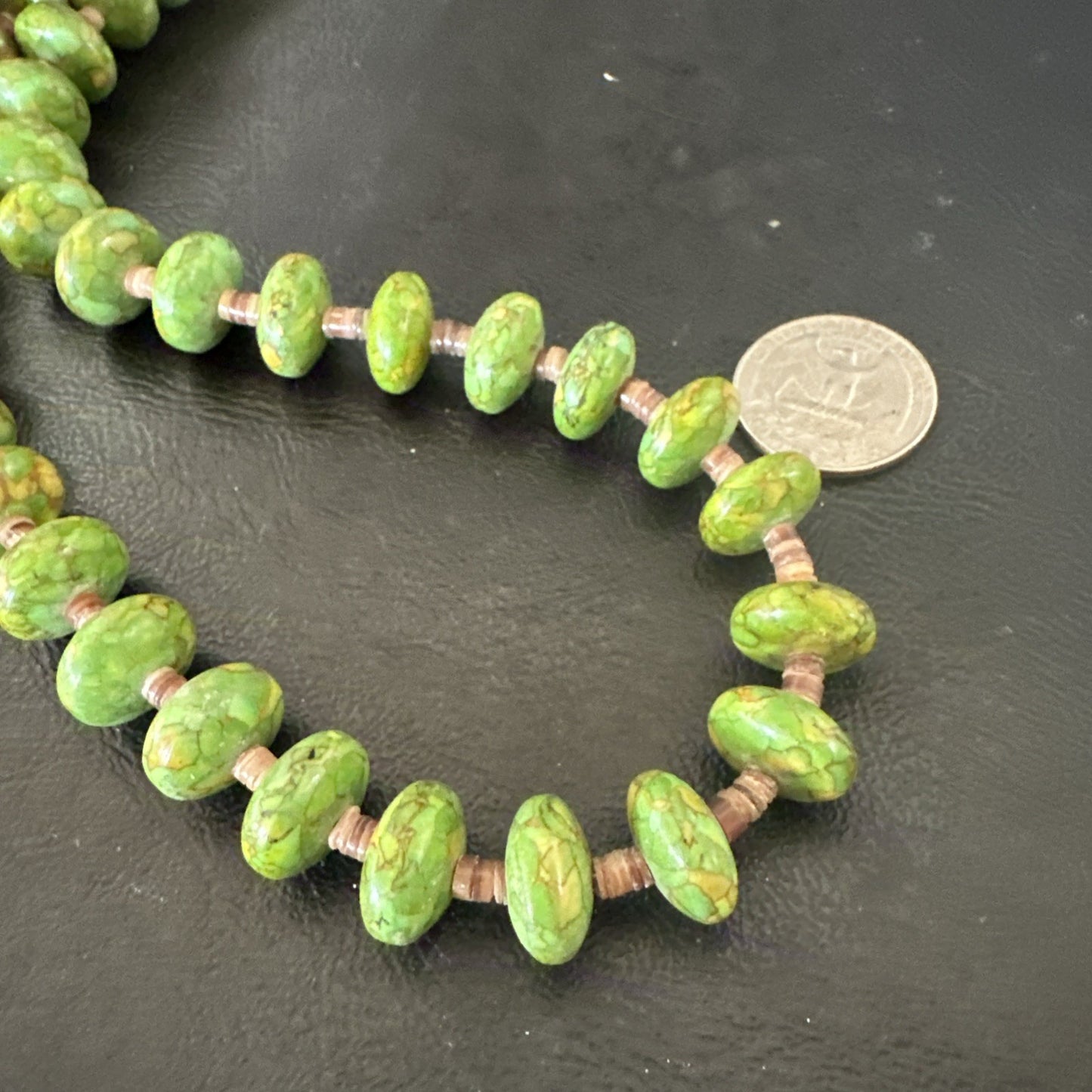 Green Mohave Turquoise Shell Santo Domingo Sterling Silver Necklace 32”19661