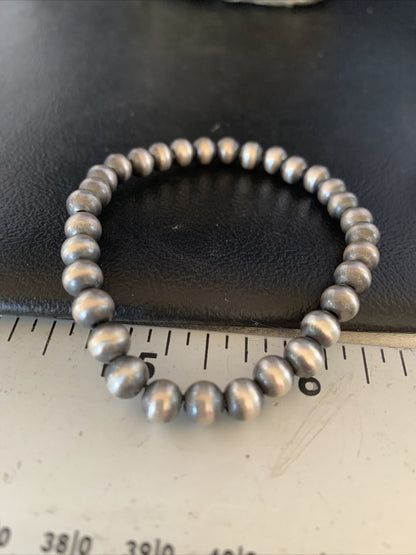 Navajo 6mm Beads Stretchable Sterling Silver Bracelet 7” 14184