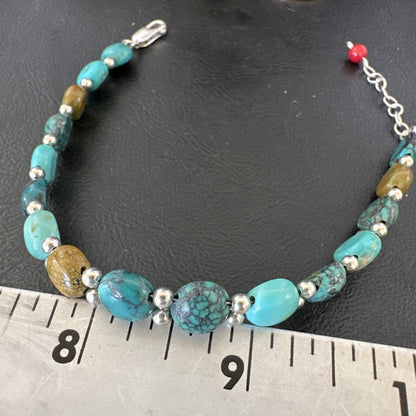Womens Blue Turquoise Bead Southwestern Sterling Silver Link Bracelet 8" 17236A
