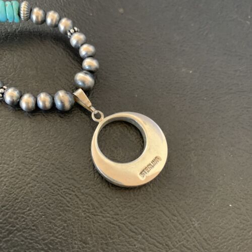 Blue Turquoise Inlay Pendant Navajo Pearls Sterling Silver Necklace 12615