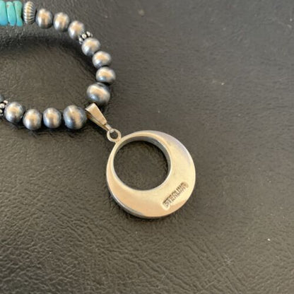 Blue Turquoise Inlay Pendant Navajo Pearls Sterling Silver Necklace 12615