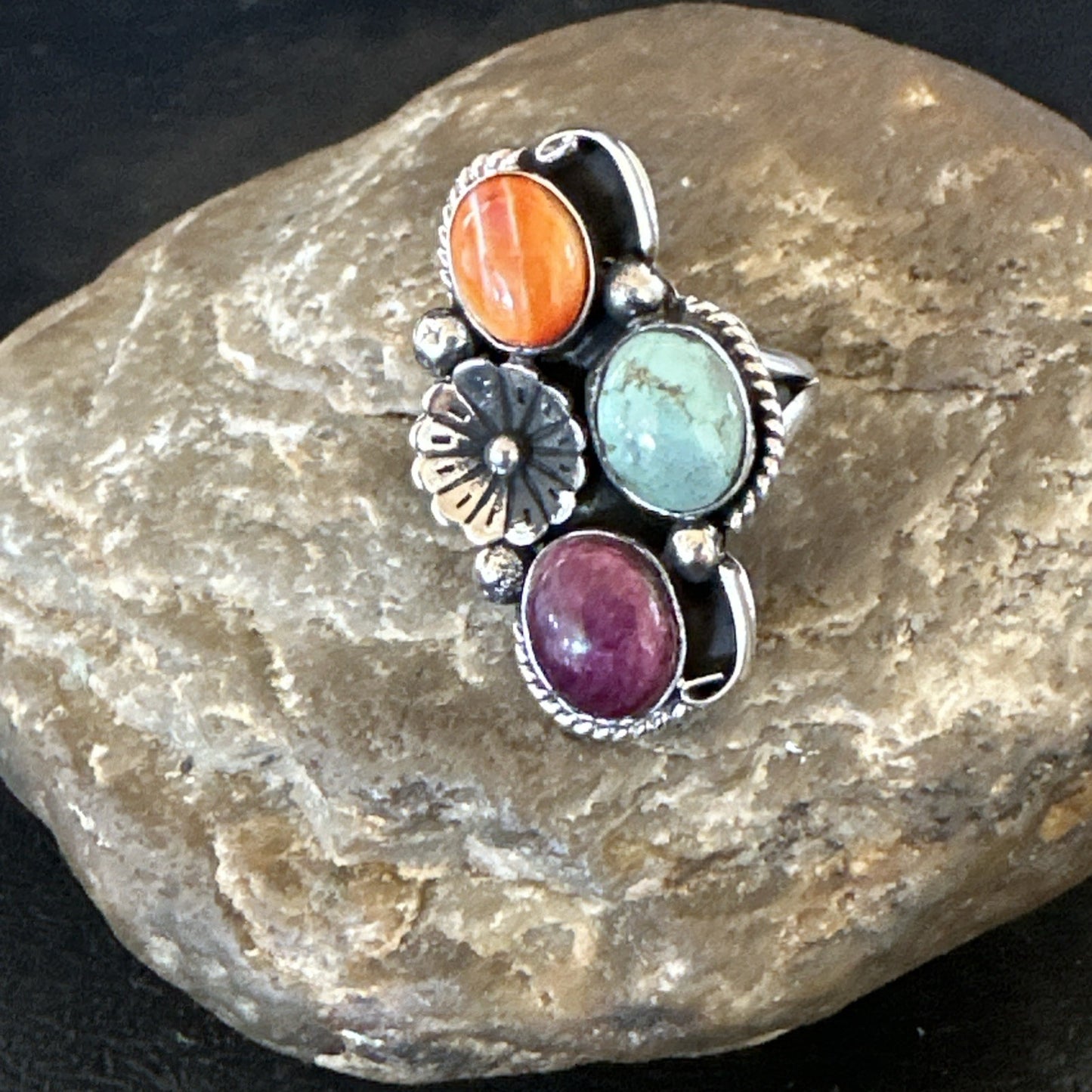 Multicolor Ring Turquoise Spiny Navajo Sterling Silver Cluster Size 6.5 19175