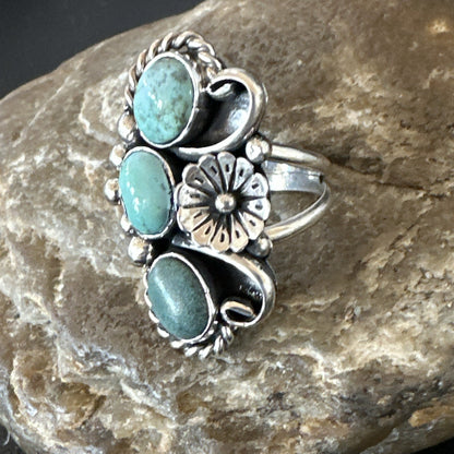 Yazzie Ring Green Turquoise Navajo Sterling Silver Cluster Size 8.5 19233