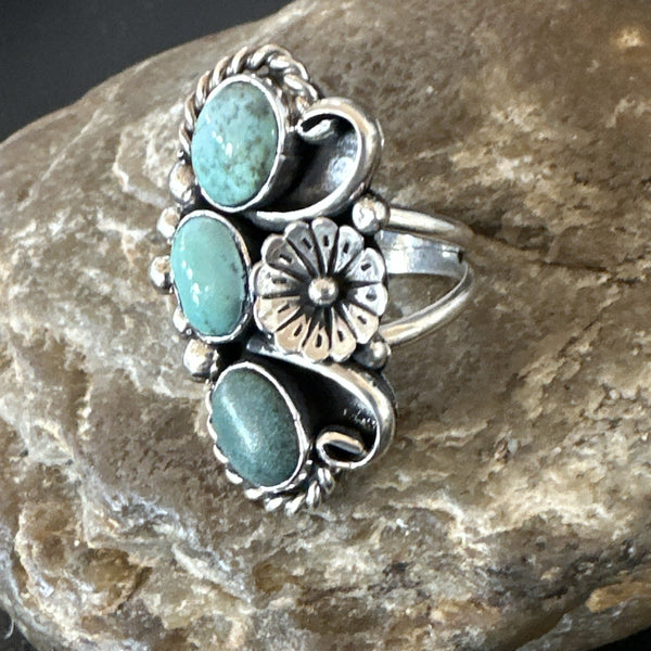 Yazzie Ring Green Turquoise Navajo Cluster Size 8.5 | Sterling Silver | Authentic Native American Handmade | 19233