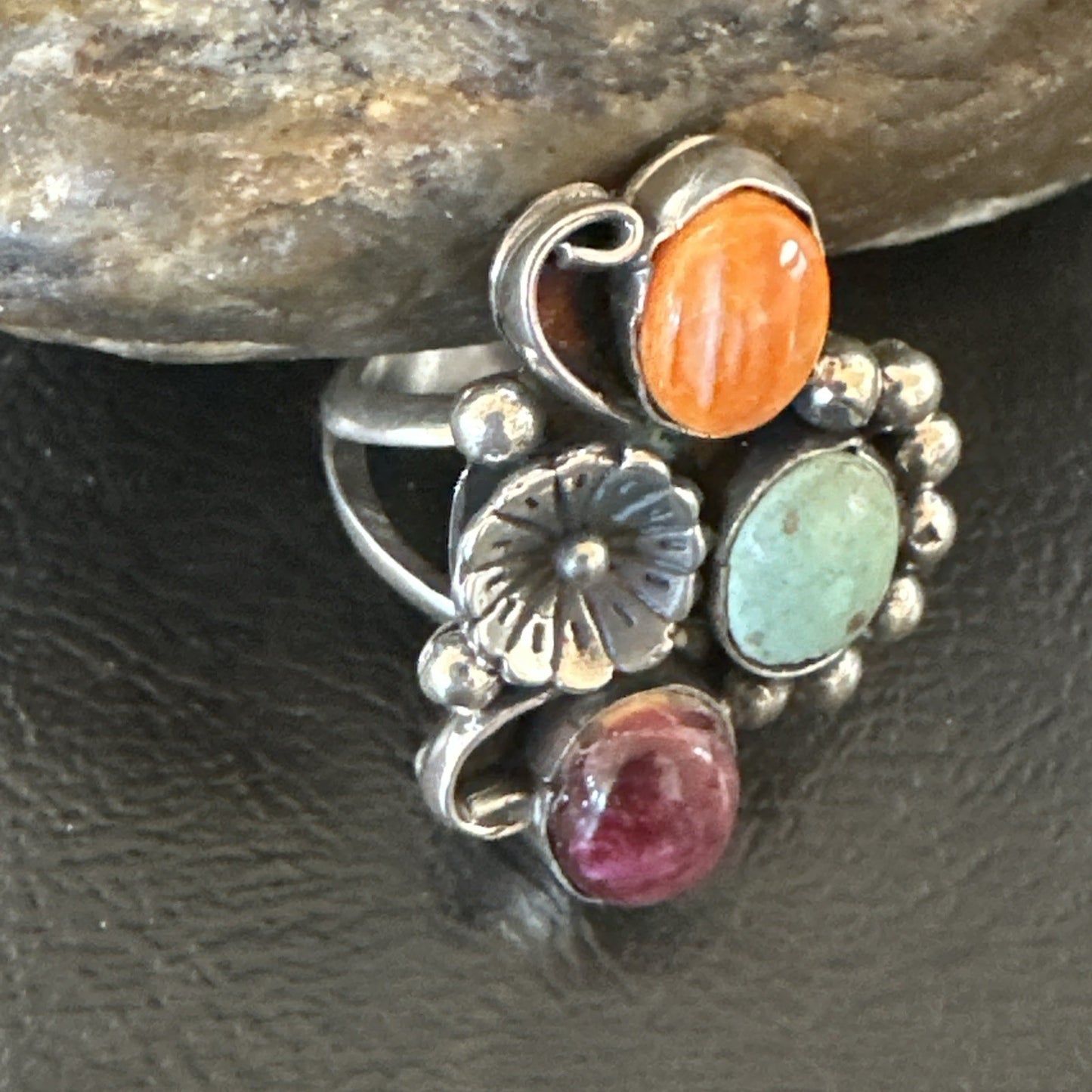Multicolor Ring Turquoise Spiny Navajo Sterling Silver Cluster Size 8.5 19181
