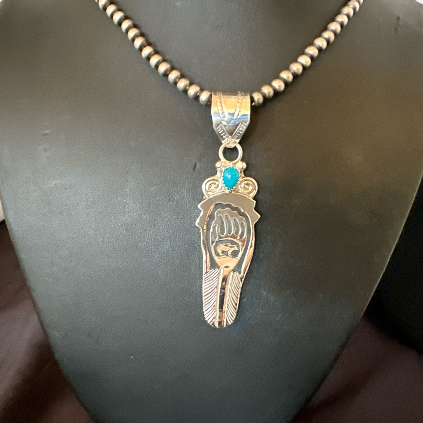 Feather BearPaw Navajo Sterling Silver Blue Turquoise Necklace Pendant 17813