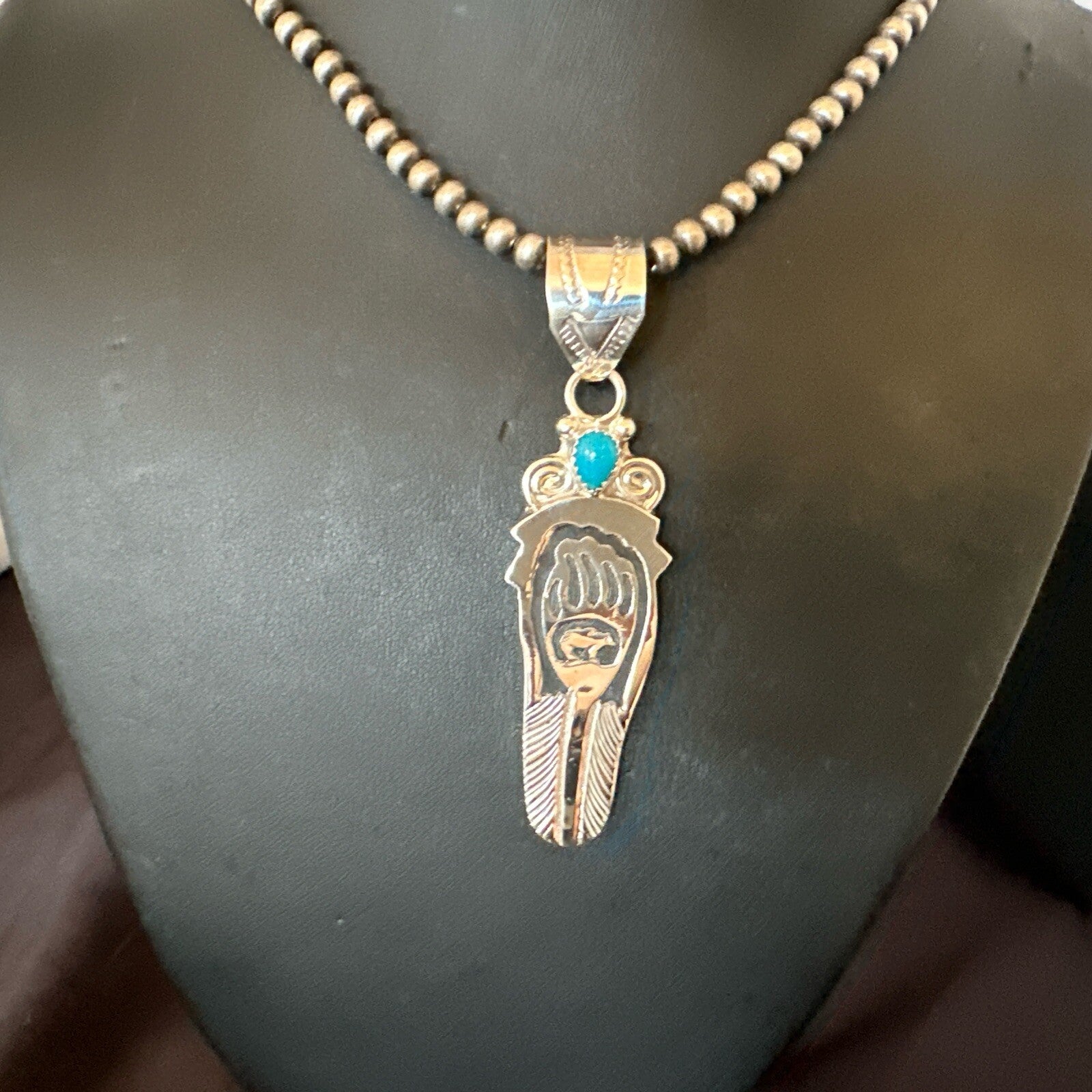 Feather BearPaw Navajo Sterling Silver Blue Turquoise Necklace Pendant 17813