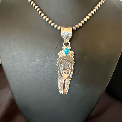 Feather BearPaw Navajo Sterling Silver Blue Turquoise Necklace Pendant 17813