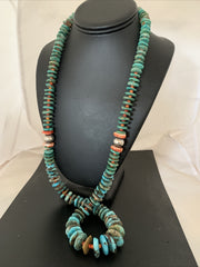 Blue Green Turquoise Spiny Oyster Navajo Necklace 28" | Sterling Silver | Authentic Native American Handmade | 01671