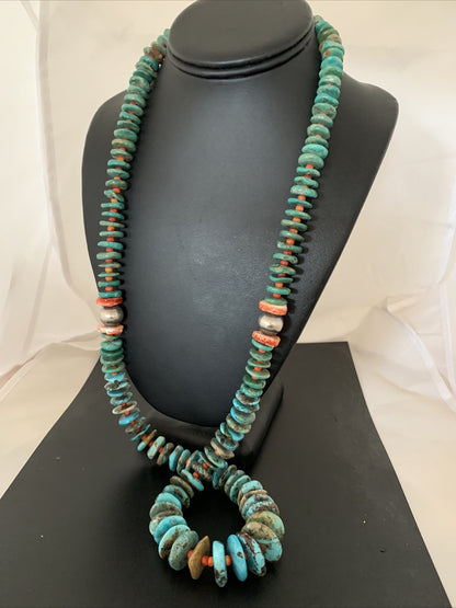 Blue Green Turquoise & Spiny Oyster Navajo Sterling Silver Necklace 28" 01671
