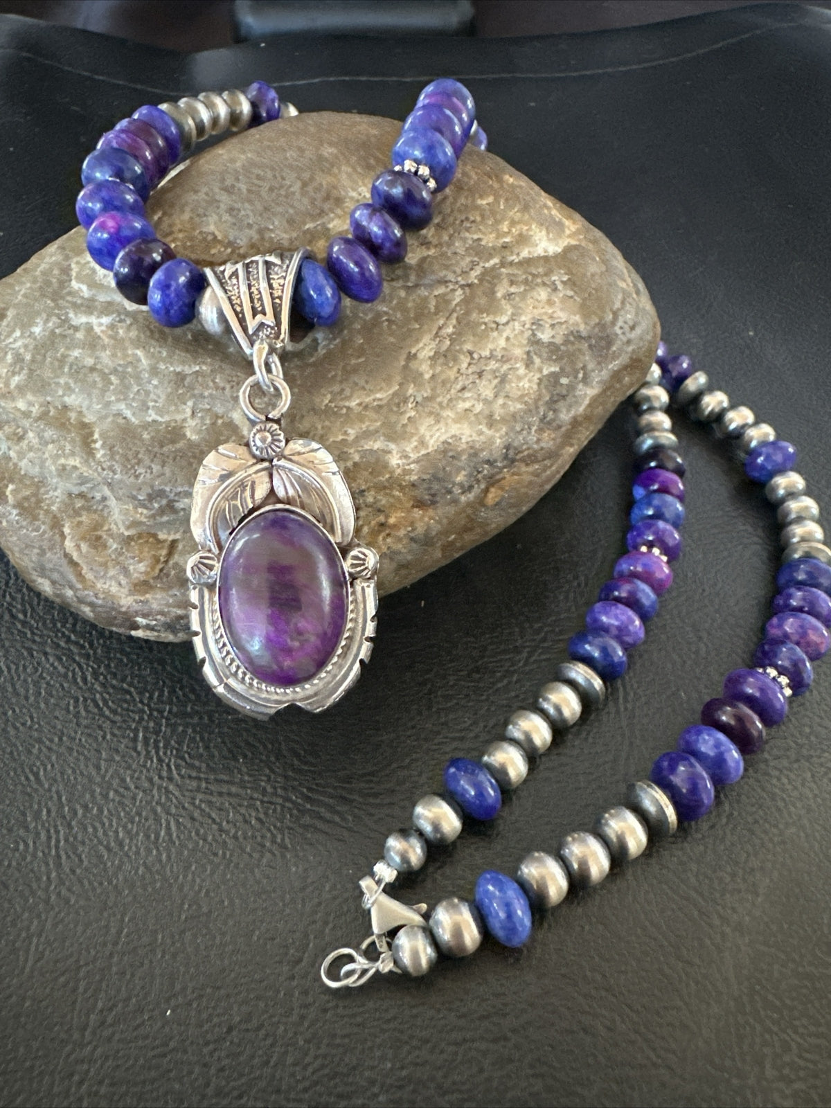 Purple Stone Pendant Navajo Pearls Sterling Silver Necklace 21” 18034
