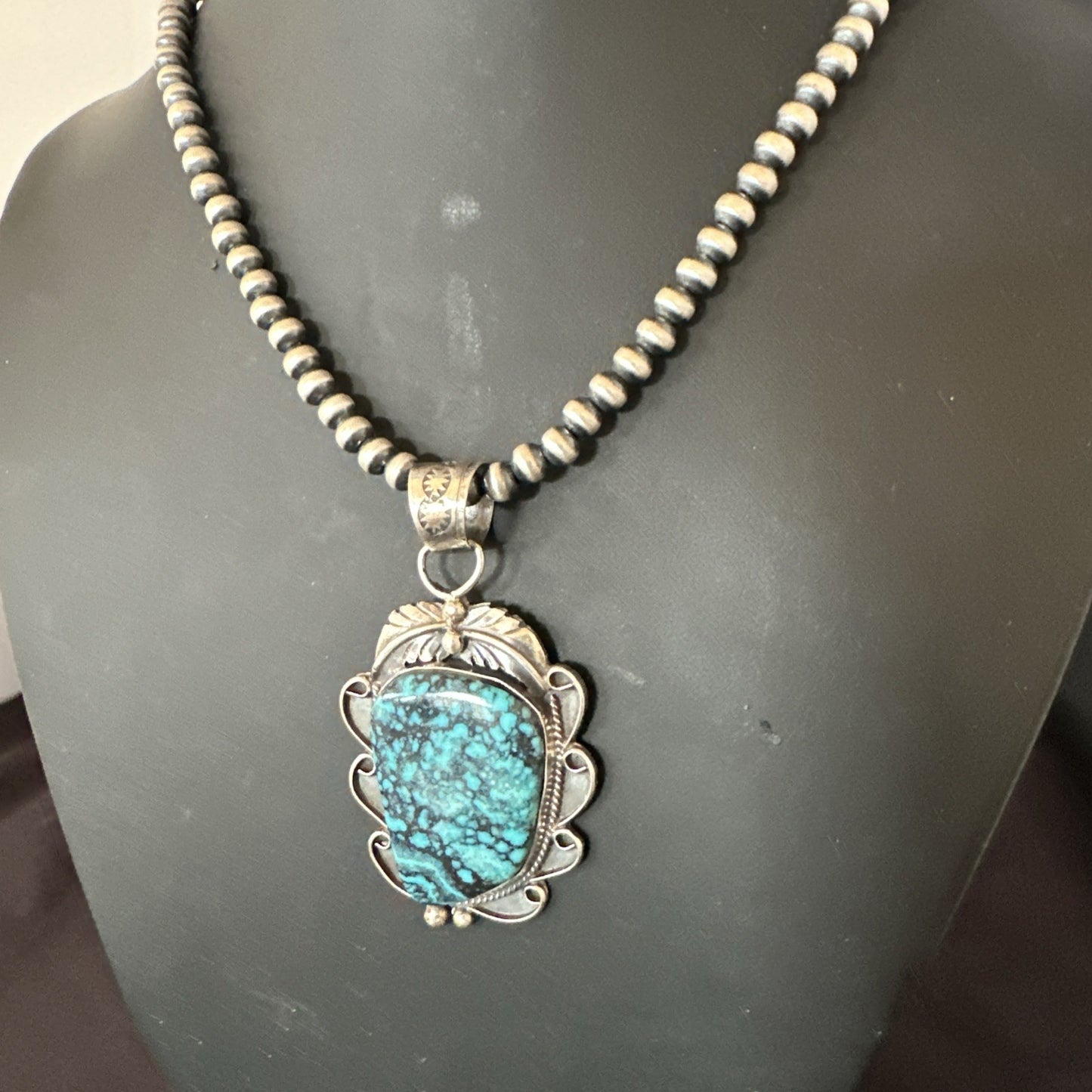 WoMens Blue Spiderweb Turquoise Pendant Navajo Sterling Silver Necklace 19298
