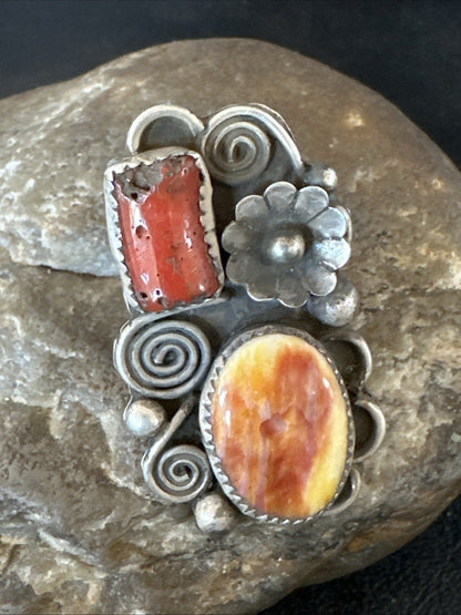 Old Pawn Spiny Oyster Coral Navajo Sterling Silver Cluster Ring Sz 6 19762